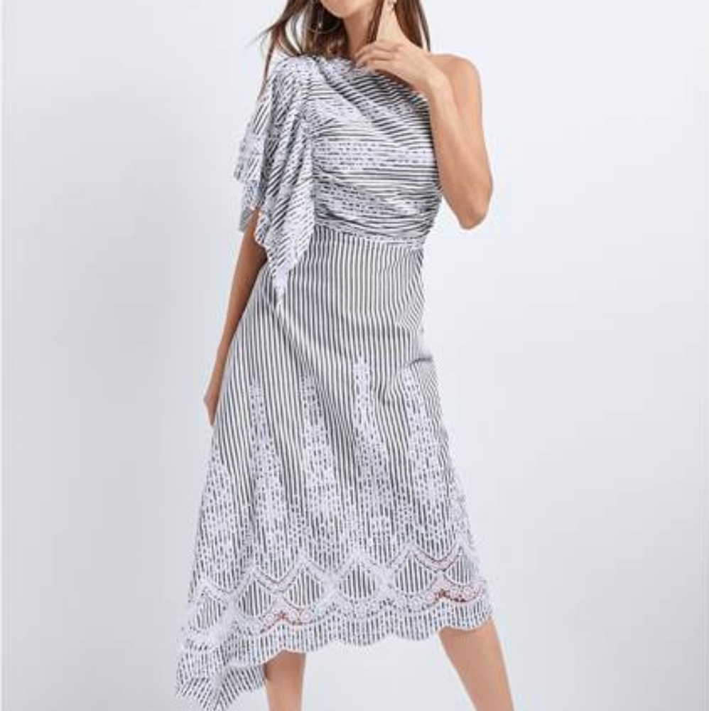 NWT Venus ✨NEW✨ Embroidered Linen Dress One Shoulder Asymmetrical striped